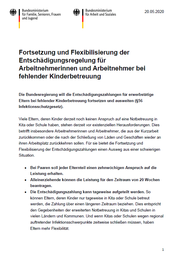 Wichtige Information: Fortsetzung der Entschädigungsregelung für Arbeitnehmerinnen und Arbeitnehmer bei fehlender Kinderbetreuung