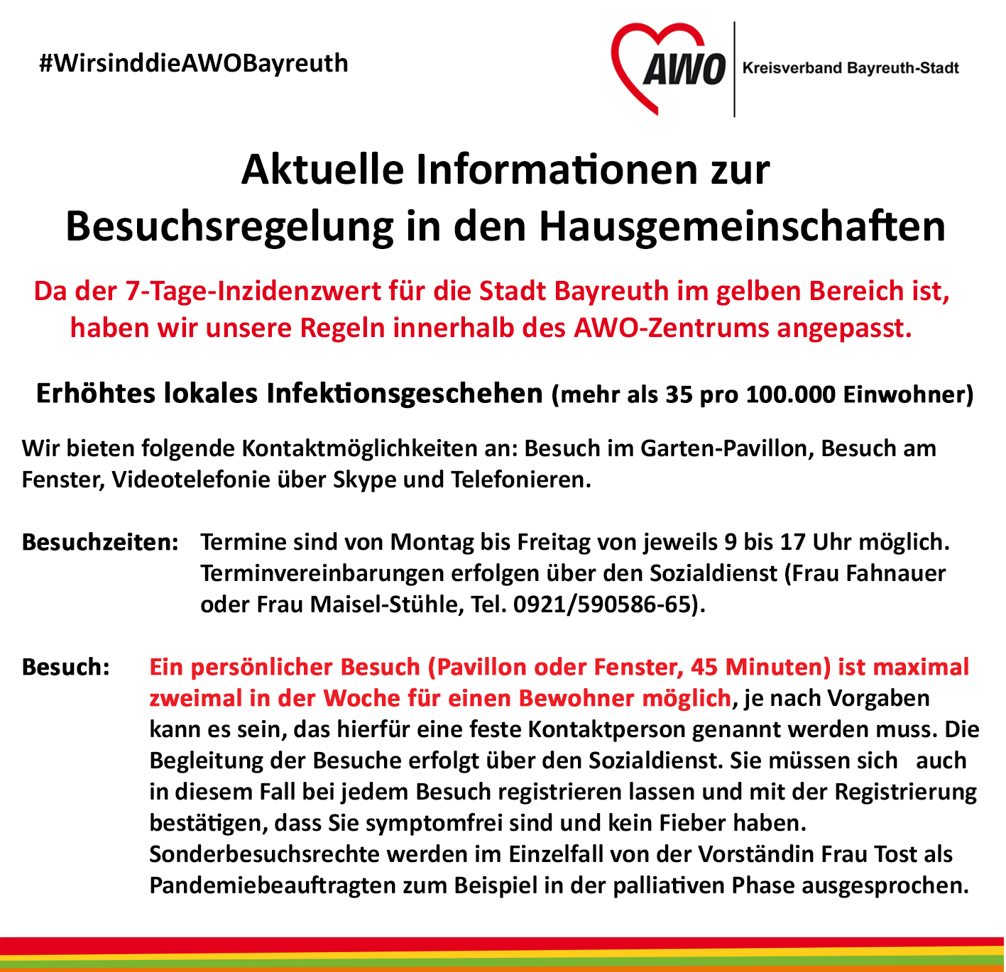 Aktuelle Information: Angepasste Besuchsregelungen aufgrund des hohen Inzidenzwertes in Bayreuth-Stadt