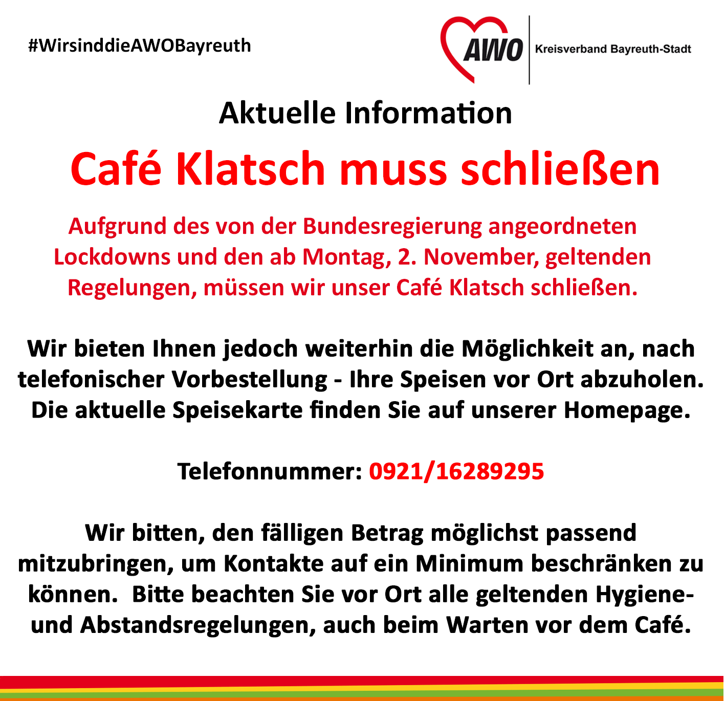 Aktuelle Information: Café Klatsch muss aufgrund des Lockdowns schließen